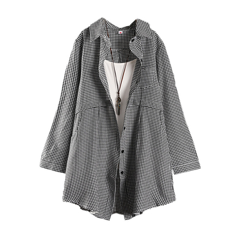 Риза с каре шарка, яка поло, дълги ръкави, средна дължина, ленено-памучна материя