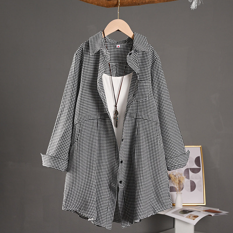 Πουκάμισο με καρό σχέδιο, γιακά Polo, μακριά μανίκια, μεσαίου μήκους, από ύφασμα λινό-βαμβάκι