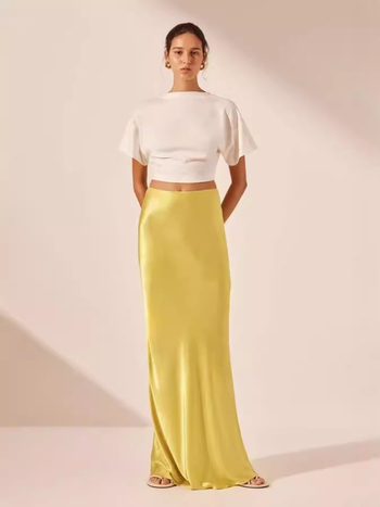 A-образна сатенена миди пола, висока талия, Nylon-Spandex сатин, микрогъвкава, солиден мотив, социалит стил