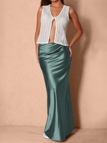 A-образна сатенена миди пола, висока талия, Nylon-Spandex сатин, микрогъвкава, солиден мотив, социалит стил