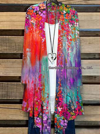 Дамска принтирана риза с дълги ръкави, удължена кройка и яка от козина, полиестер