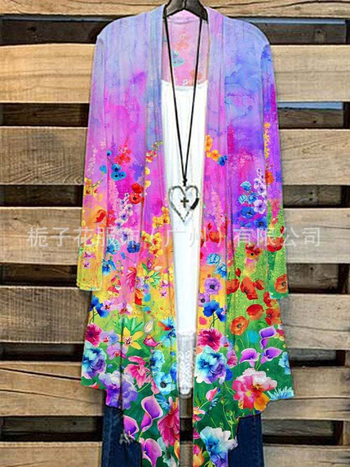 Дамска принтирана риза с дълги ръкави, удължена кройка и яка от козина, полиестер