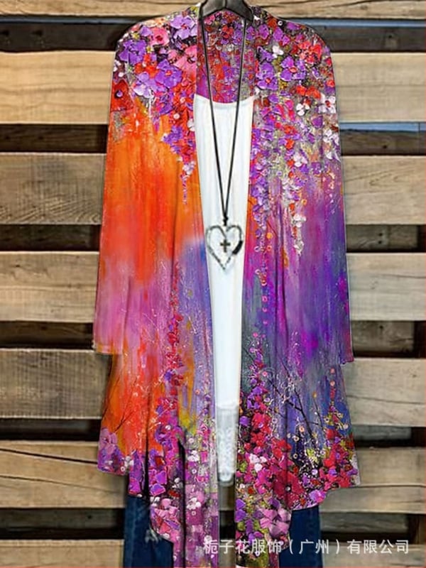 Moteriški marškiniai su ilgomis rankovėmis su spauda, ilgesnė kirpimo linija ir kailio apykakle, poliesteris