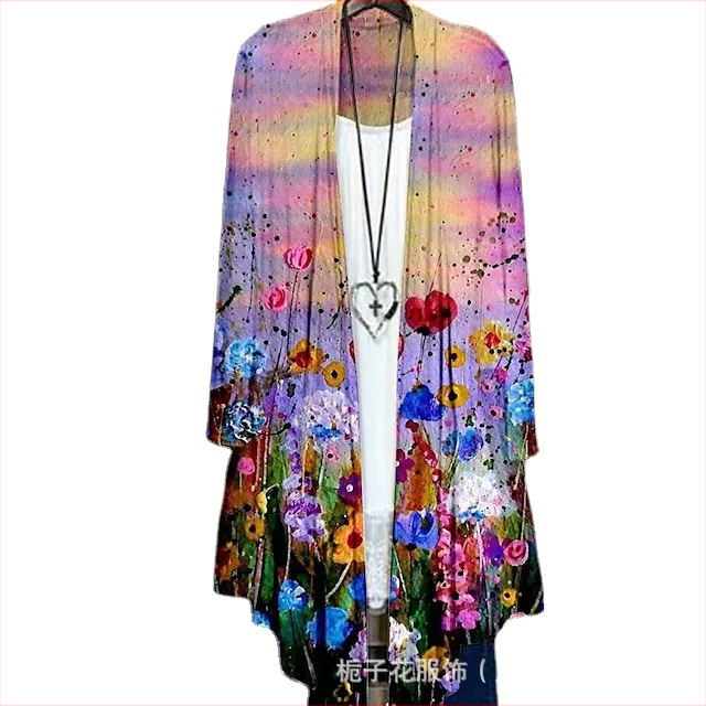 Дамска принтирана риза с дълги ръкави, удължена кройка и яка от козина, полиестер