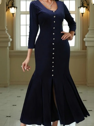 Poliészterből készült ruha, midi hosszú, fishtail fazon, U-nyak, 3/4-es ujj — Tavasz 2023