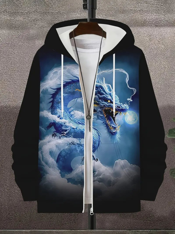 Мъжки кардиган с цип и качулка, 3D печат на животни (дракон, лъв, тигър), дълги ръкави, полиестер, свободна кройка, ежедневен стил