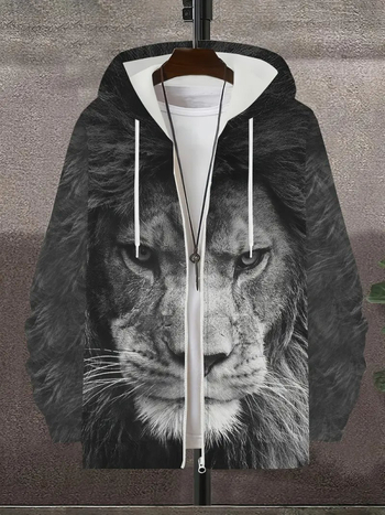 Мъжки кардиган с цип и качулка, 3D печат на животни (дракон, лъв, тигър), дълги ръкави, полиестер, свободна кройка, ежедневен стил