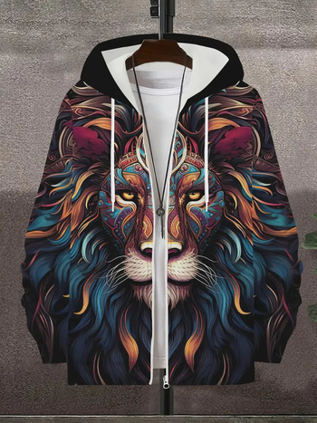 Мъжки кардиган с цип и качулка, 3D печат на животни (дракон, лъв, тигър), дълги ръкави, полиестер, свободна кройка, ежедневен стил