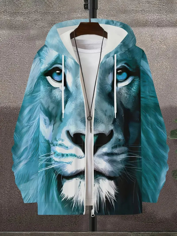 Ανδρικό cardigan με φερμουάρ και κουκούλα, 3D εκτύπωση ζώων (δράκος, λέων, τίγρης), μακριά μανίκια, πολυεστέρας, χαλαρή εφαρμογή, casual