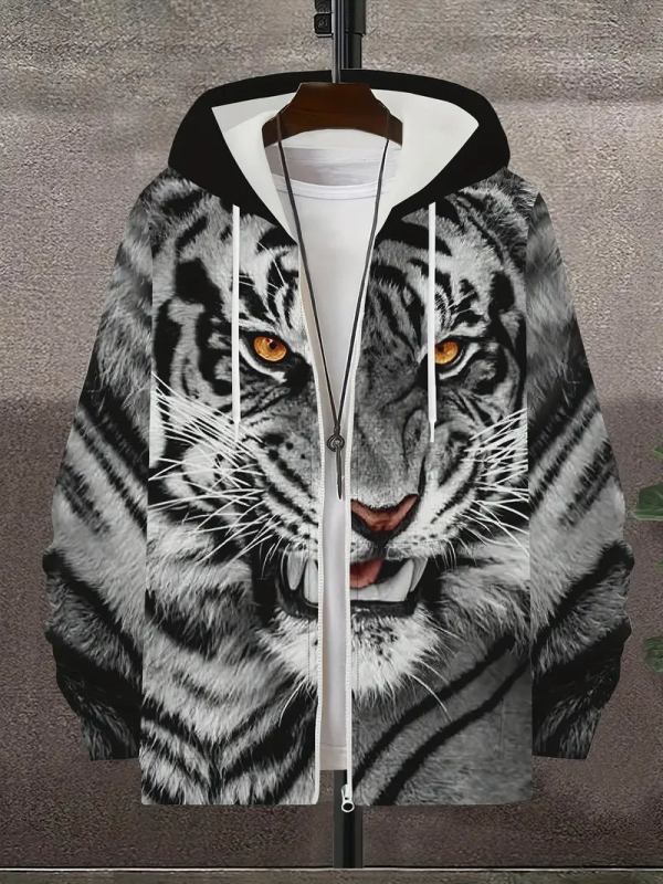 Muški kardigan na zip s 3D printom životinja (zmaj, lav, tigra), kapuljača, dugi rukavi, poliester, slobodan kroj, casual