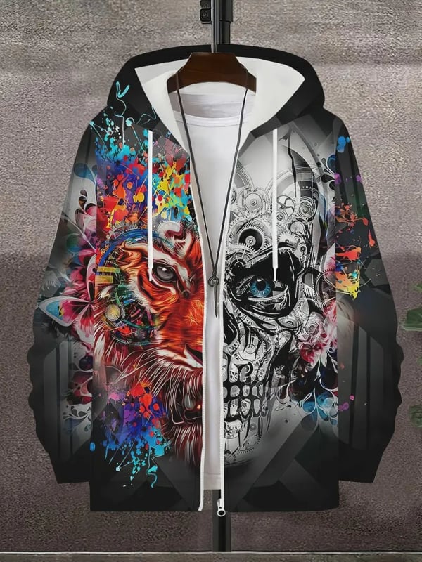 Muški kardigan na zip s 3D printom životinja (zmaj, lav, tigra), kapuljača, dugi rukavi, poliester, slobodan kroj, casual
