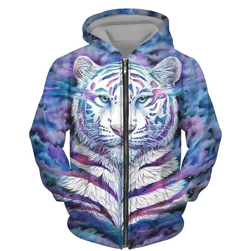 Muški kardigan na zip s 3D printom životinja (zmaj, lav, tigra), kapuljača, dugi rukavi, poliester, slobodan kroj, casual