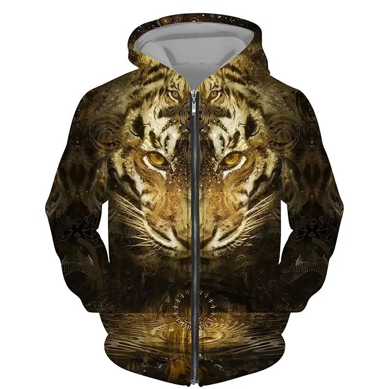 Muški kardigan na zip s 3D printom životinja (zmaj, lav, tigra), kapuljača, dugi rukavi, poliester, slobodan kroj, casual