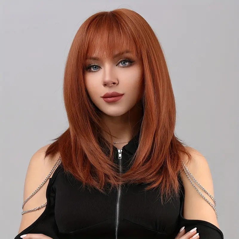 Περούκα μακριά και ίσια με πορτοκαλί αέρα φράντζες, στυλ Star Fashion, μοντέλο XQ145, ίνες ανθεκτικές στη θερμότητα, σμιλεύει το πρόσωπο
