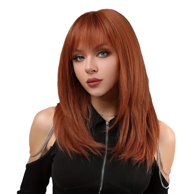 Περούκα μακριά και ίσια με πορτοκαλί αέρα φράντζες, στυλ Star Fashion, μοντέλο XQ145, ίνες ανθεκτικές στη θερμότητα, σμιλεύει το πρόσωπο