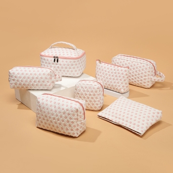 7-частен комплект полиестерни чанти за козметика с моден принт и геометричен дизайн, голям капацитет за пътуване, разширяеми чанти за съхранение