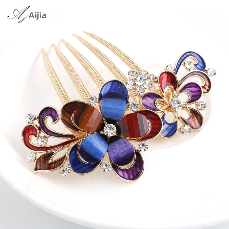 Щипка за коса в корейски стил с цветен мотив и диамантени акценти от сплав