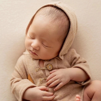Νεογέννητο πλεκτό φορμάκι με κουκούλα, unisex, μακριά μανίκια, pull-over κλείσιμο, ύφασμα πολυεστέρα-ραϊόν, για φωτογράφηση νεογνών