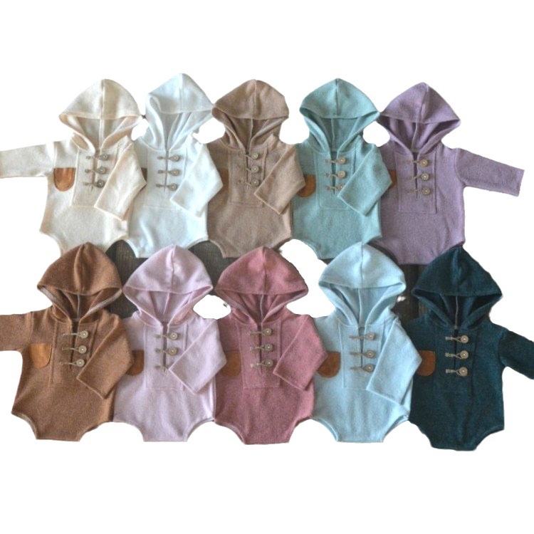 Salopetă tricotată cu glugă pentru nou-născuți, unisex, mâneci lungi, închidere pull-over, țesătură poliester-rayon, pentru sesiuni foto