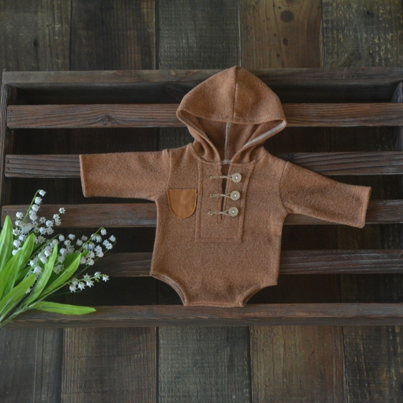 Salopetă tricotată cu glugă pentru nou-născuți, unisex, mâneci lungi, închidere pull-over, țesătură poliester-rayon, pentru sesiuni foto
