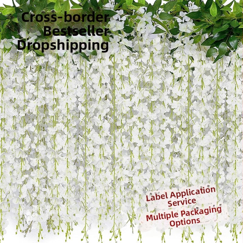 Umelā vistērijas virtene iekšējai dekorācijai; materiāls: plastmasa un zīda ziedi; tehnika: bone shot; šķirne: vistērija; pielietojums: fotorekvizīti, mājas dekorēšana