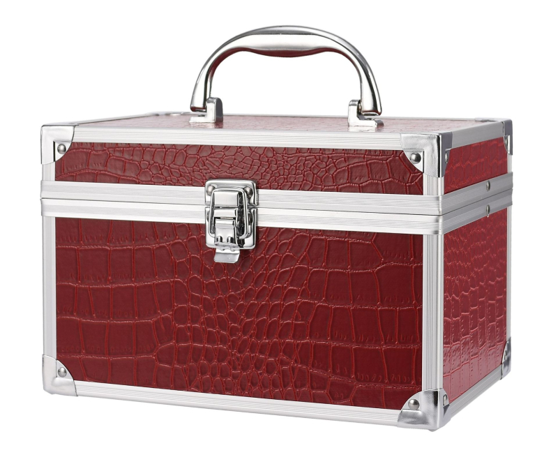 Козметичен калъф с PVC конструкция, отваряне чрез алуминиев рамков механизъм и еднопосочни колела