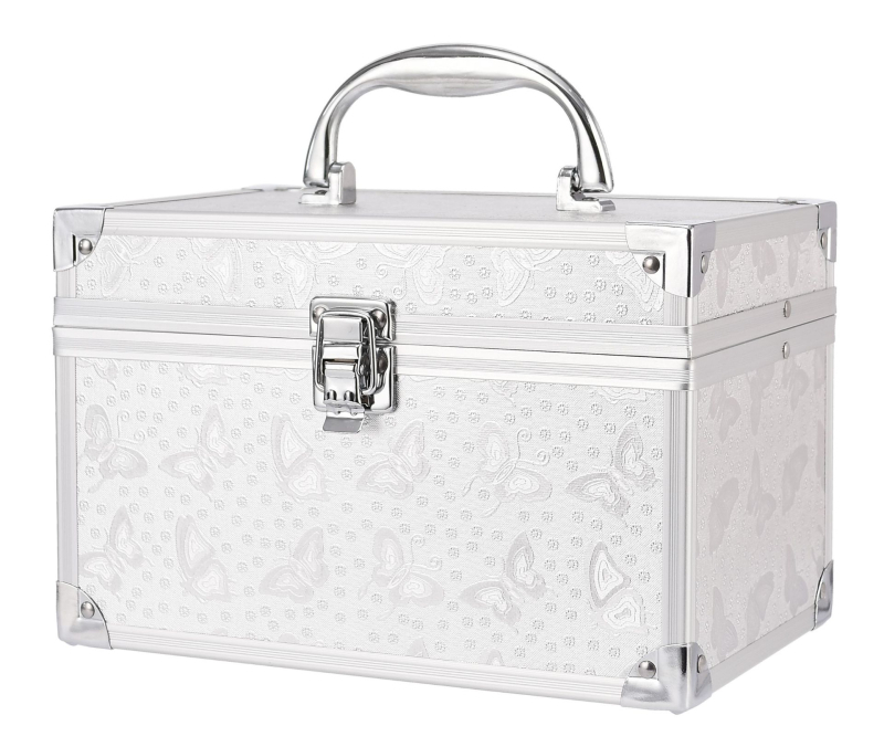 Козметичен калъф с PVC конструкция, отваряне чрез алуминиев рамков механизъм и еднопосочни колела