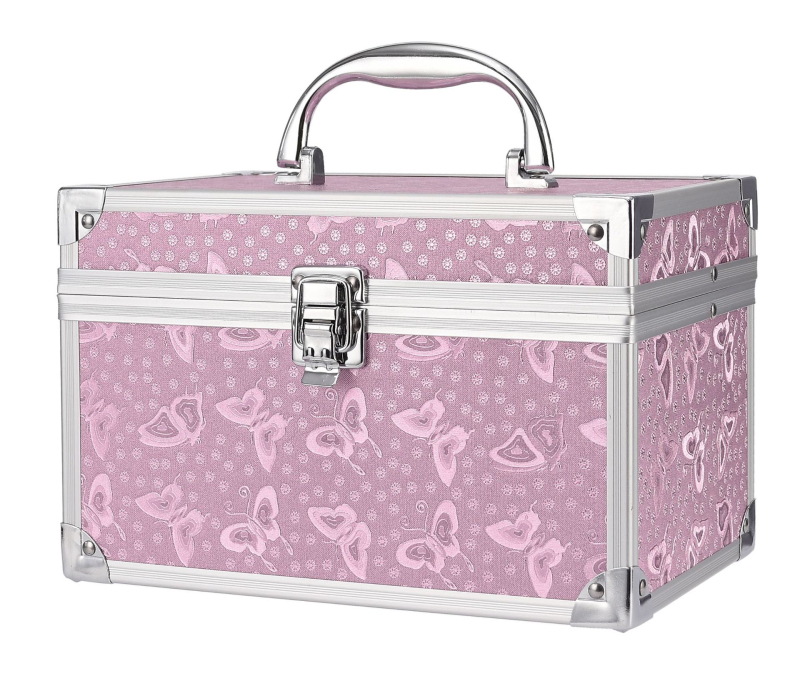 Козметичен калъф с PVC конструкция, отваряне чрез алуминиев рамков механизъм и еднопосочни колела