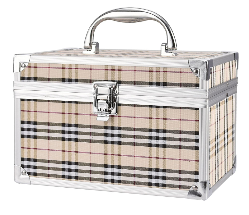 Козметичен калъф с PVC конструкция, отваряне чрез алуминиев рамков механизъм и еднопосочни колела