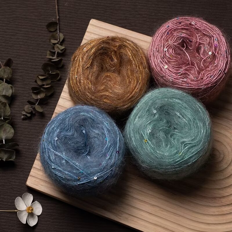 Νήμα Mohair για Πλέξιμο — DIY σετ για φουλάρι και καπέλο με παγιέτες