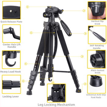Zomei Q188 statīvs ar 3 asu galvu, alumīnija sakausējums, slodze 5 kg, ātrās atbrīvošanas plāksne