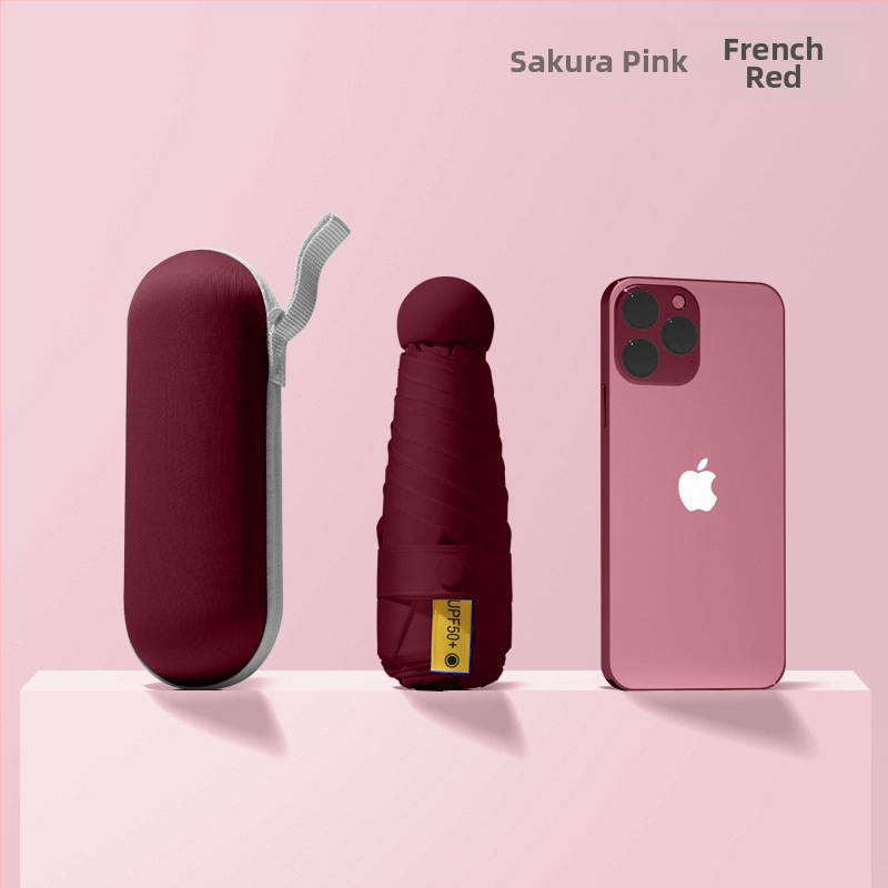 Red Leaves Петсекционен слънчев чадър, унисекс, компактен и преносим, 6 ребра, ръчно отваряне, UPF >50, 190T материя, стоманена ос