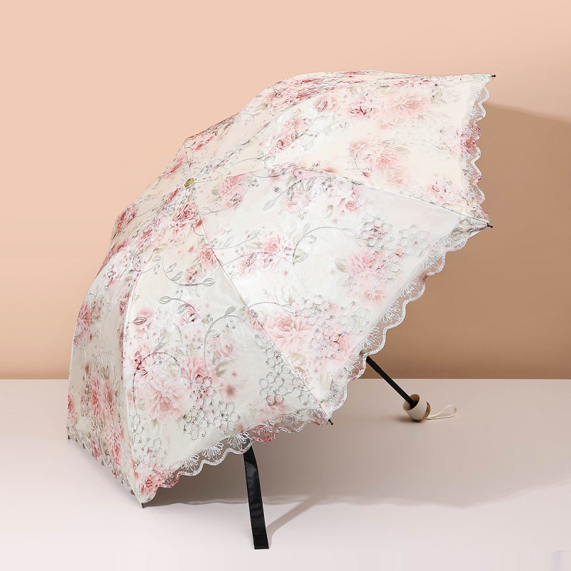 Слънчев чадър с двуслойна конструкция, бродирана дантела и винилово покритие; UPF над 40; 8 ребра