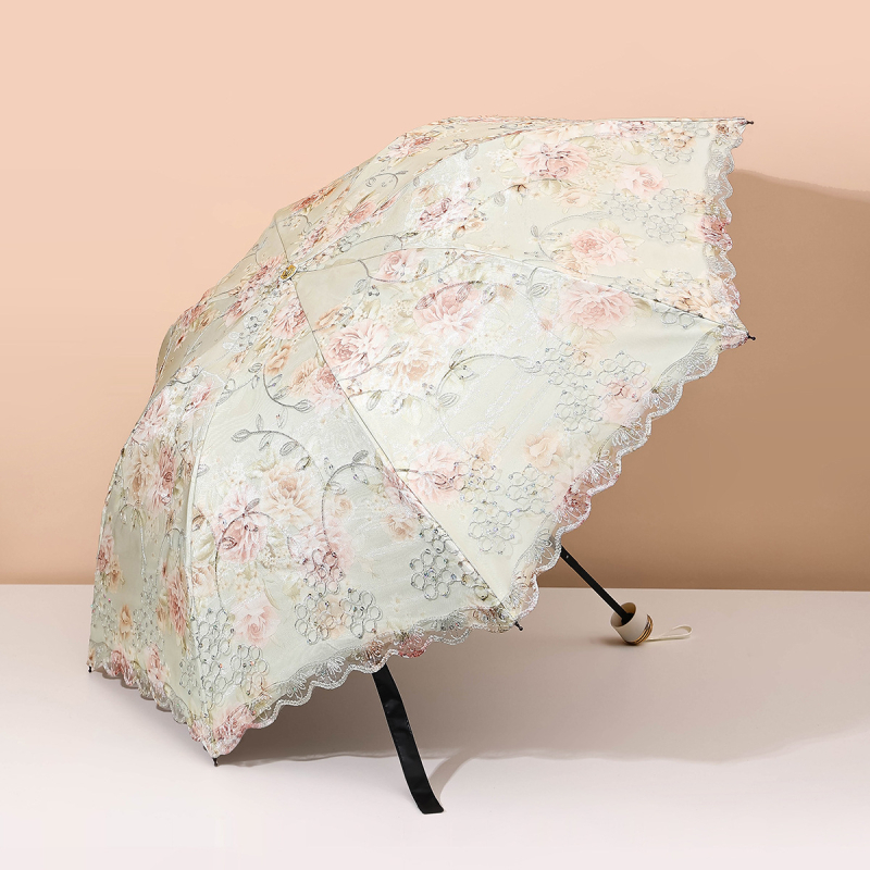 Слънчев чадър с двуслойна конструкция, бродирана дантела и винилово покритие; UPF над 40; 8 ребра