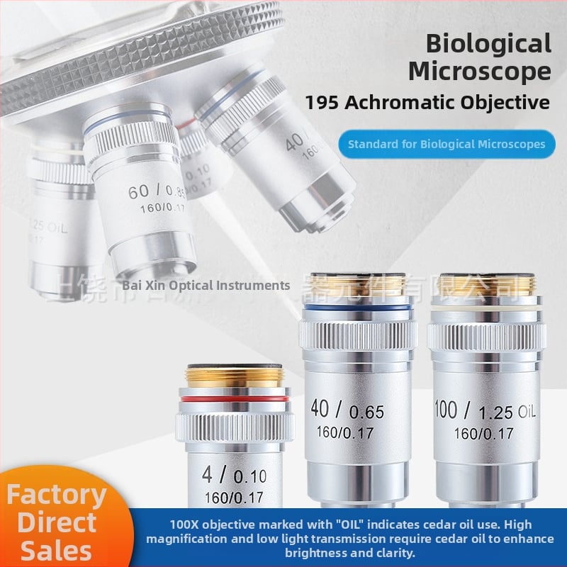 NISHAI achromatinis mikroskopo objektyvo rinkinys — 4x, 10x, 20x, 40x, 60x; taikymas: biologija, chemija, tyrimai