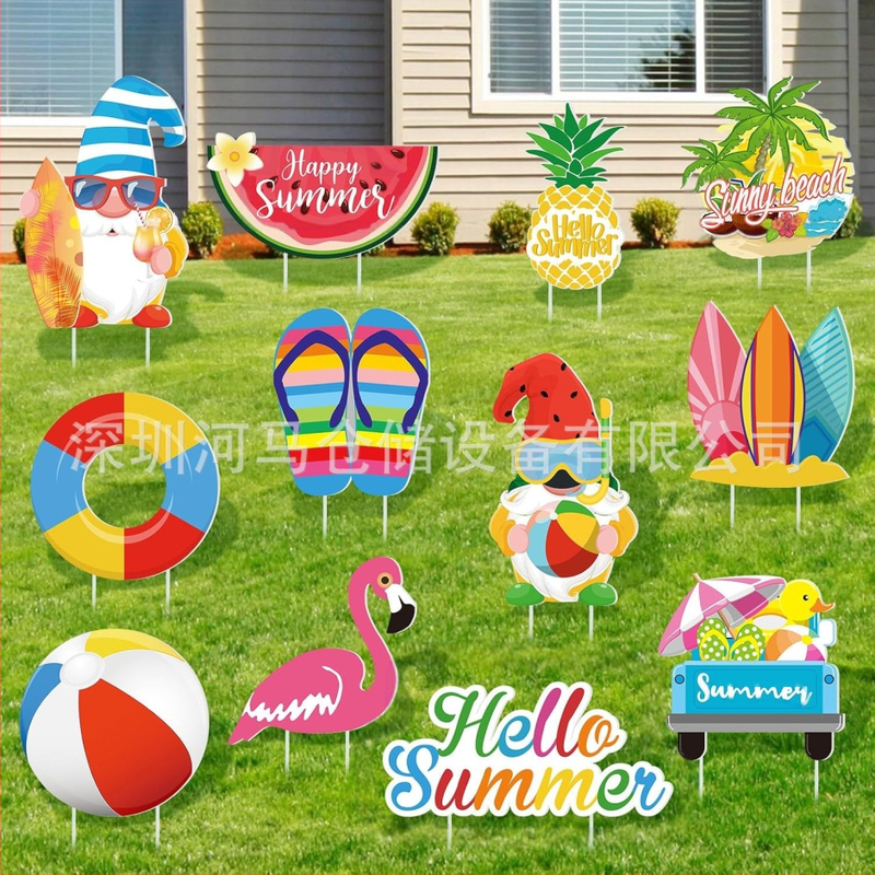 Διακοσμητικό σήμα κήπου για καλοκαίρι — μοτίβα φλαμίνγκο, ανανά, Χαβάη και πεπόνι, διακόσμηση κήπου για πάρτι (Μάρκα Hippopotamus)