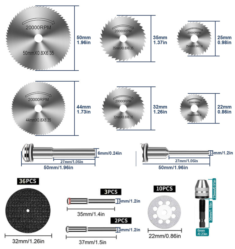 WELIBA Комплект дискове за рязане — диамантени и смолени дискове със стомана с висока скорост за дърво, метал и нефрит; максимална скорост на рязане 20000