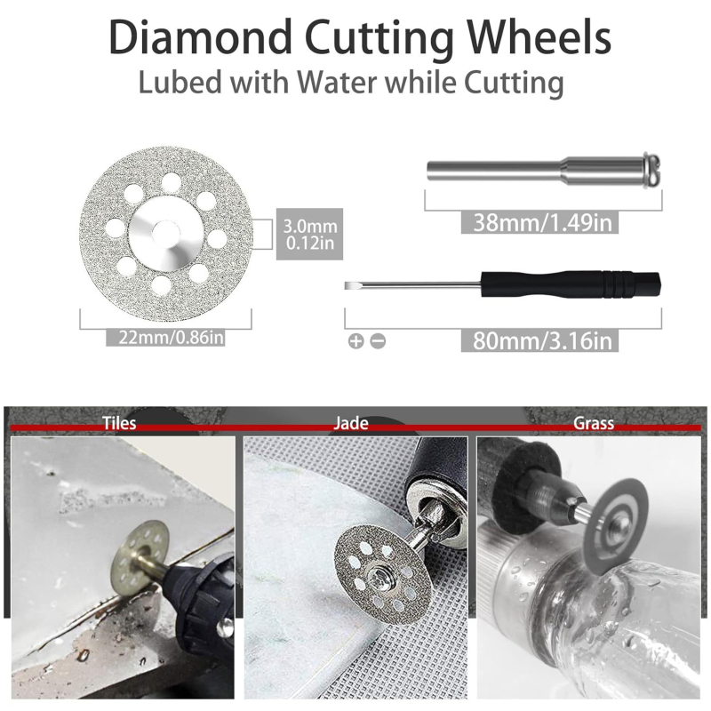 WELIBA Комплект дискове за рязане — диамантени и смолени дискове със стомана с висока скорост за дърво, метал и нефрит; максимална скорост на рязане 20000