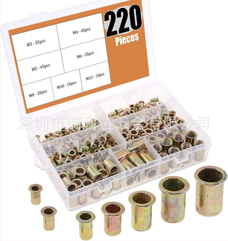 Σετ ριβέ νουτ, γαλβανισμένα, με επίπεδη κεφαλή, σε κουτί, 150/160/165/230 τεμάχια, GB6172.2-86, Τάξη Α