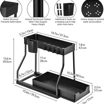 Δύο-επίπεδο RL-τύπου συρόμενο ραφιέρα ντουλάπας για κουζίνα και μπάνιο | φορητό, αποσπώμενο, χωρίς οπές | τοποθέτηση σε επιφάνεια εργασίας | PP + σωλήνες από χάλυβα άνθρακα