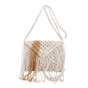 Τσαντάκι crossbody με φούντες, σε κορεατικό στυλ, πλεκτό από ψάθα, κλείσιμο με φερμουάρ, εσωτερικές θήκες για κινητό και κάρτα, μονοκόμματος ιμάντας, αστικός μινιμαλιστικός σχεδιασμός