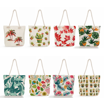 Női mintás tote táska len anyagból — Teknőslap levél mintája, poliészter bélés, vízszintes négyzet alakú forma, cipzáras zárás