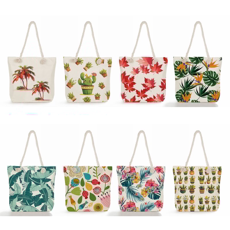 Női mintás tote táska len anyagból — Teknőslap levél mintája, poliészter bélés, vízszintes négyzet alakú forma, cipzáras zárás