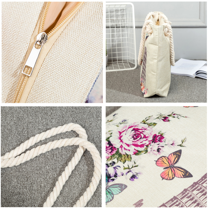 Női mintás tote táska len anyagból — Teknőslap levél mintája, poliészter bélés, vízszintes négyzet alakú forma, cipzáras zárás