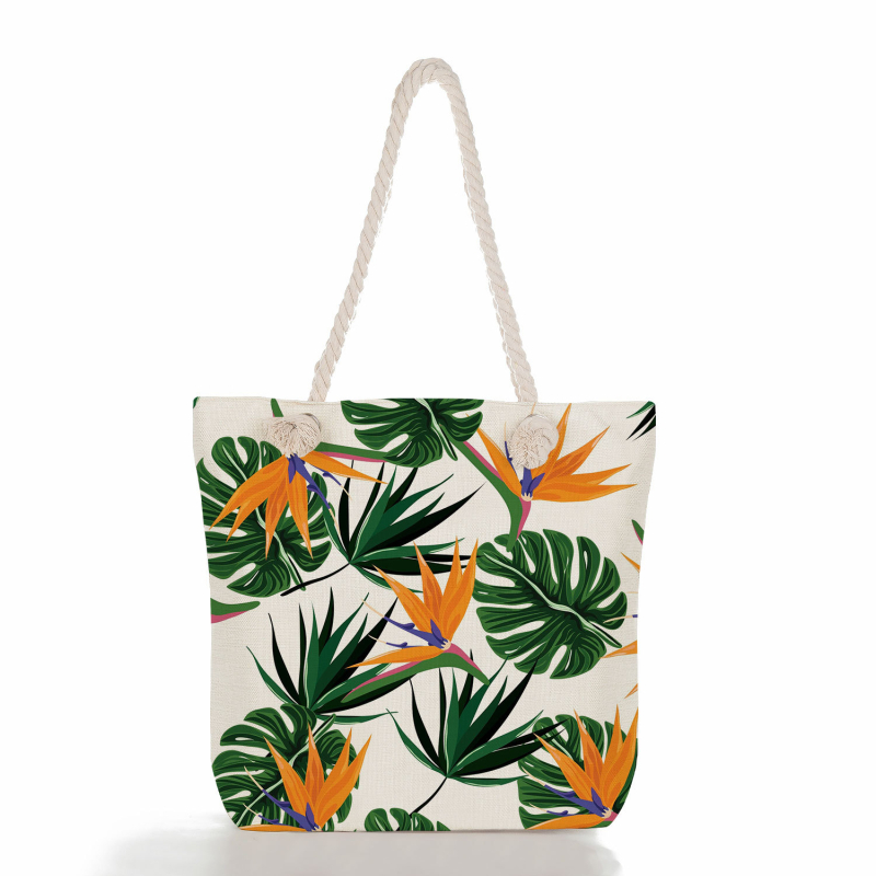 Női mintás tote táska len anyagból — Teknőslap levél mintája, poliészter bélés, vízszintes négyzet alakú forma, cipzáras zárás