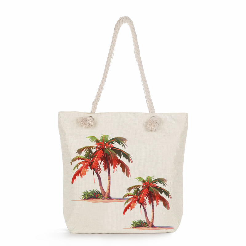 Női mintás tote táska len anyagból — Teknőslap levél mintája, poliészter bélés, vízszintes négyzet alakú forma, cipzáras zárás