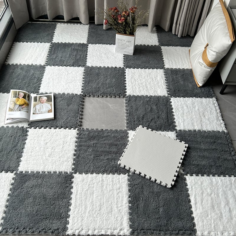 Chiweng putplasčio kvadratinis kilimėlis su geometriniu raštu, stora pūkuota paviršiaus, tinkamas svetainei, miegamajam ir balkonui