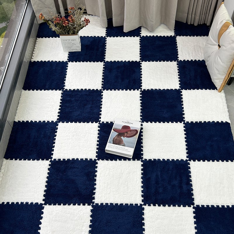 Chiweng putplasčio kvadratinis kilimėlis su geometriniu raštu, stora pūkuota paviršiaus, tinkamas svetainei, miegamajam ir balkonui