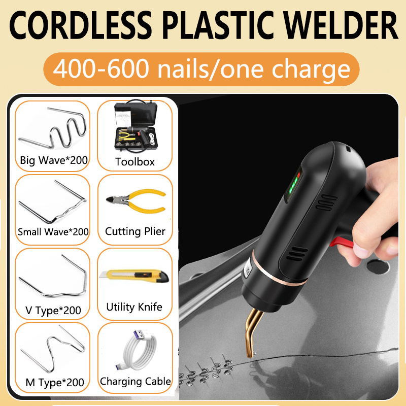 Belaidė metinimo pistoleto automobilio bamperio remontui, plastiko remontui, 12V įžeminimo taškas, įmontuotas ličio baterijos įkrovimas, suderinama su nailonu, plastiku, guma, PE, PP, ABS