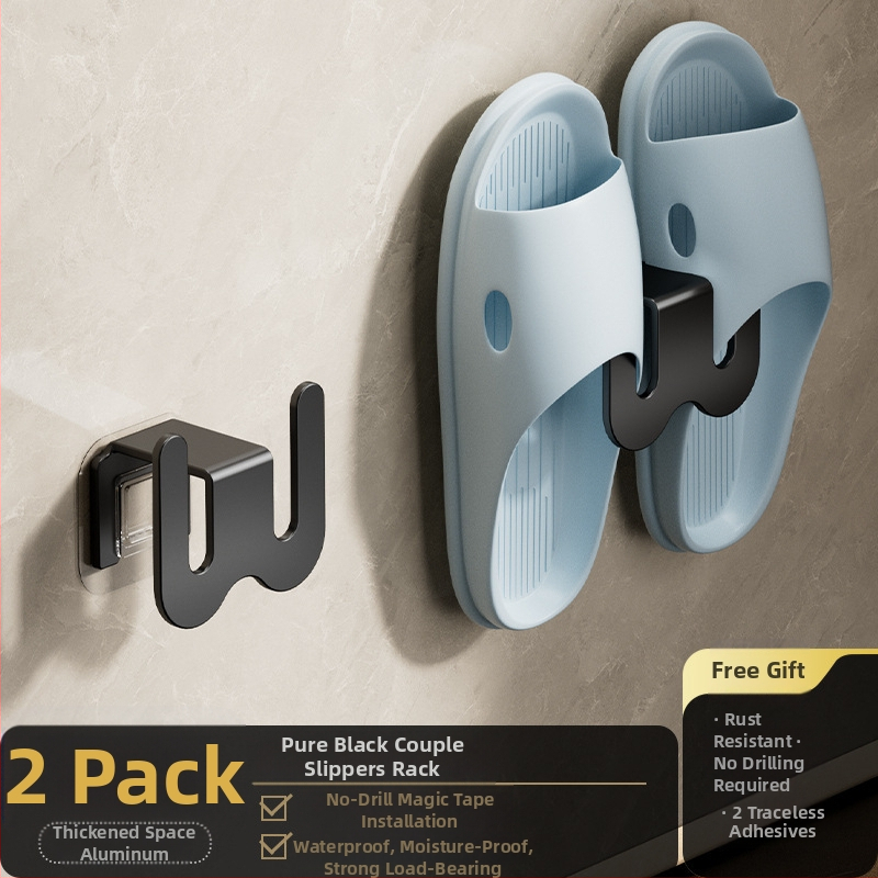 Ράφι για παντόφλες μπάνιου από ανθρακούχο ατσάλι, τοποθέτηση στον τοίχο χωρίς διάτρηση, με γάντζο αποστράγγισης, ελαφρύς πολυτελής σχεδιασμός